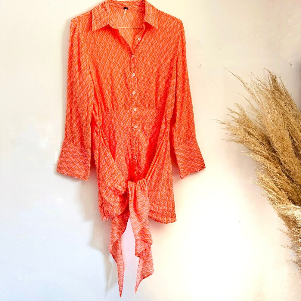 FP FREE PEOPLE Pink Prange Rillo Shirt Dress $138 Mini Wrap Button Coverup S - Picture 2 of 15